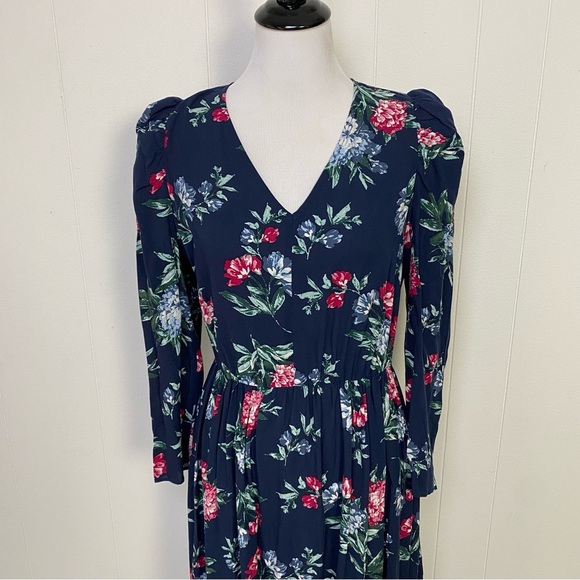 Banana Republic Navy Blue Puff Sleeve Floral Midi Fit & Flare Dress V-Neck Sz S - Picture 4 of 13